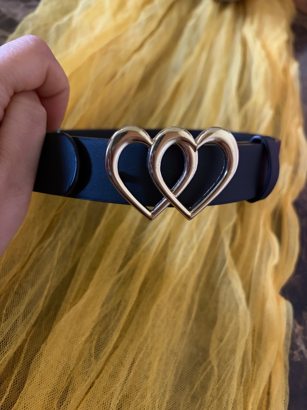 H&M Girls Black Belt with Double Gold Heart Buckle